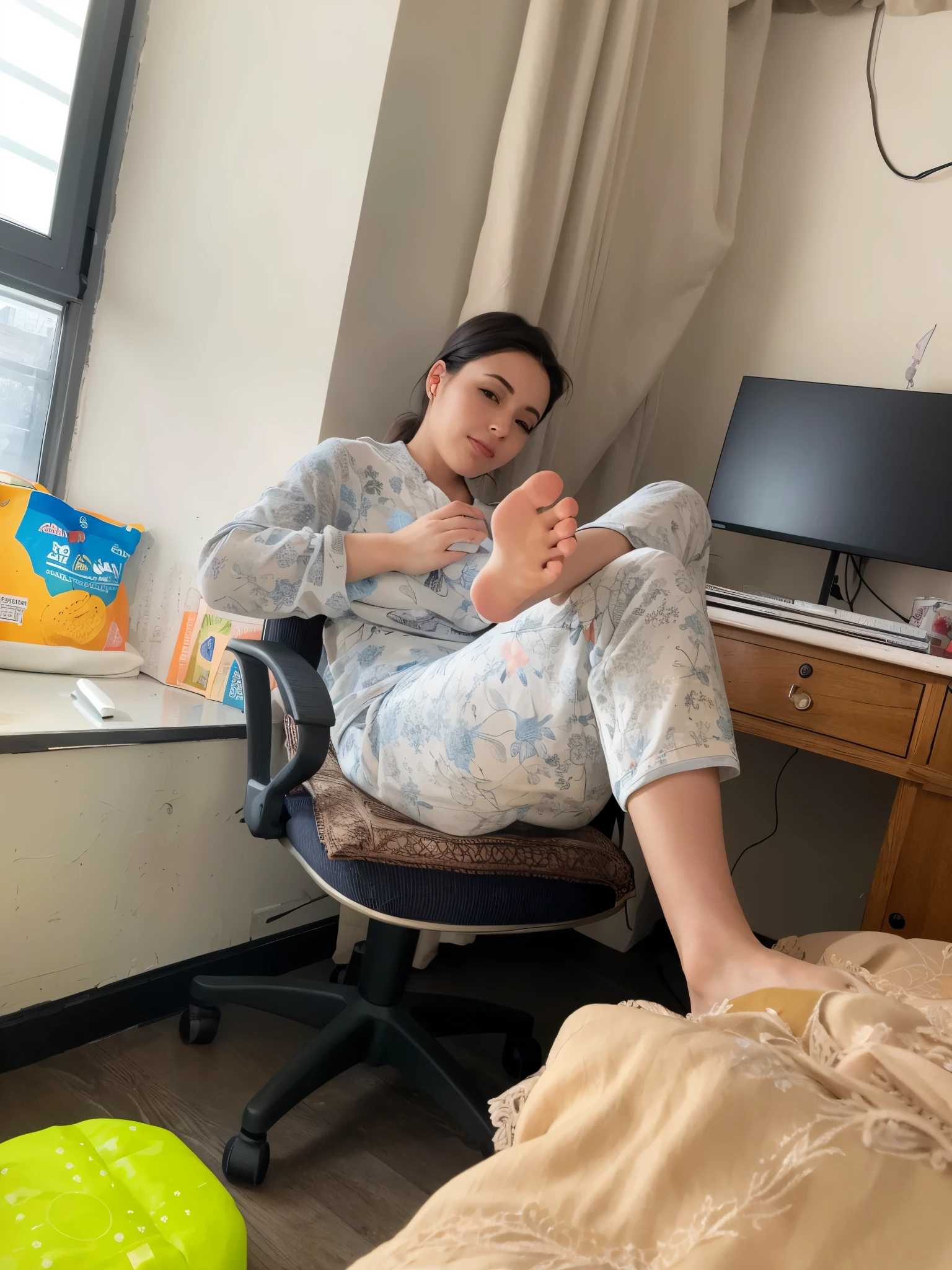 il y a une femme assise sur une chaise, les pieds relevés, assis dans la chambre, these feet stick out, Assis sur le lit, assis sur un lit, assise dans sa chambre, semelles hautes, assise sur son lit, pieds posant, assis sur le bord du lit, Very comfortable], relaxing after a hard day, Sitting relax and happy, heure du matin
