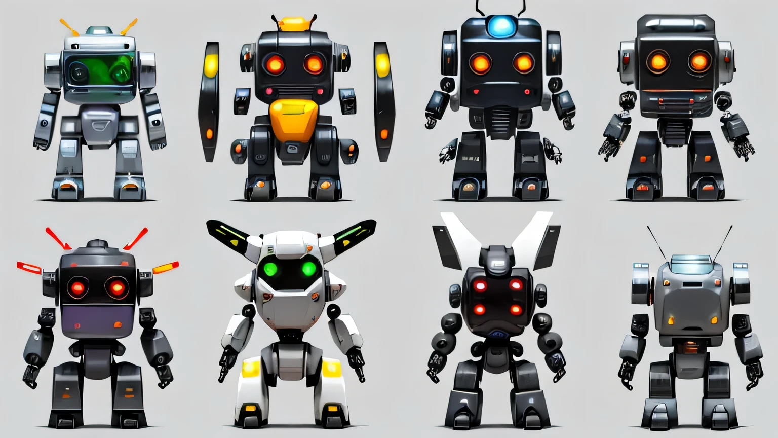 a group of different robots with different colors and sizes, small robots, scifi robots, Personagens 3D, beautiful robot character design, tiny robots, tintoy character design robot, arte lowpoly super detalhada em cores, futuristic robots, cute robot wooden, robots, army of robots, Stylized 3D rendering, arte voxel de alta qualidade, realistic shaded robotic parts, robot project