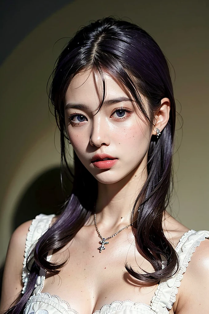 highest quality,masterpiece,very detailed,High resolution,4K,ultra High resolution,detailed shadow,ultra realistic,realistic,dramatic lighting,1 girl,alone,detailed face,realistic eyes,realistic skin,white dress,purple hair,dynamic pose, white lace dress