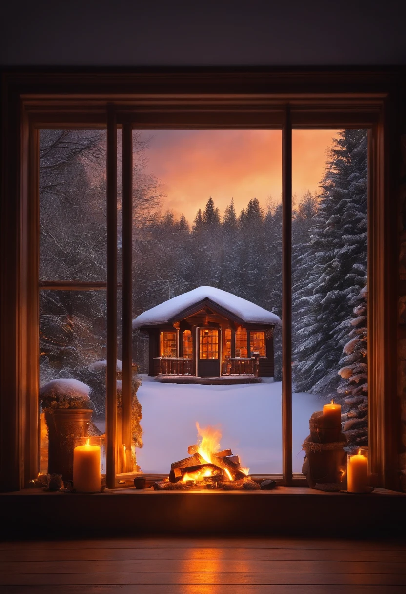 Realistic fireplace fire, a window, la neige, trees with realistic snow