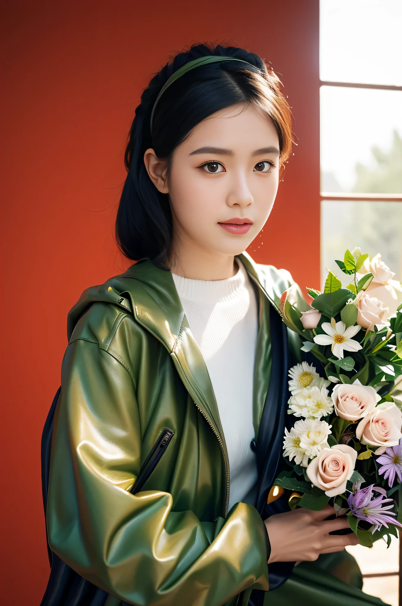 Highly realistic photo, ((masterpiece), (best quality), (raw photo), (photorealistic:1.4), Portrait of Vietnamese woman, 18 years old, black hair, mane hair, big round black eyes, curled eyelashes, dark green jacket, inside is a thin white sweater, holding a bouquet of roses, sunlight, garden background, Vietnamese rural house, photo taken by Sony A7IV