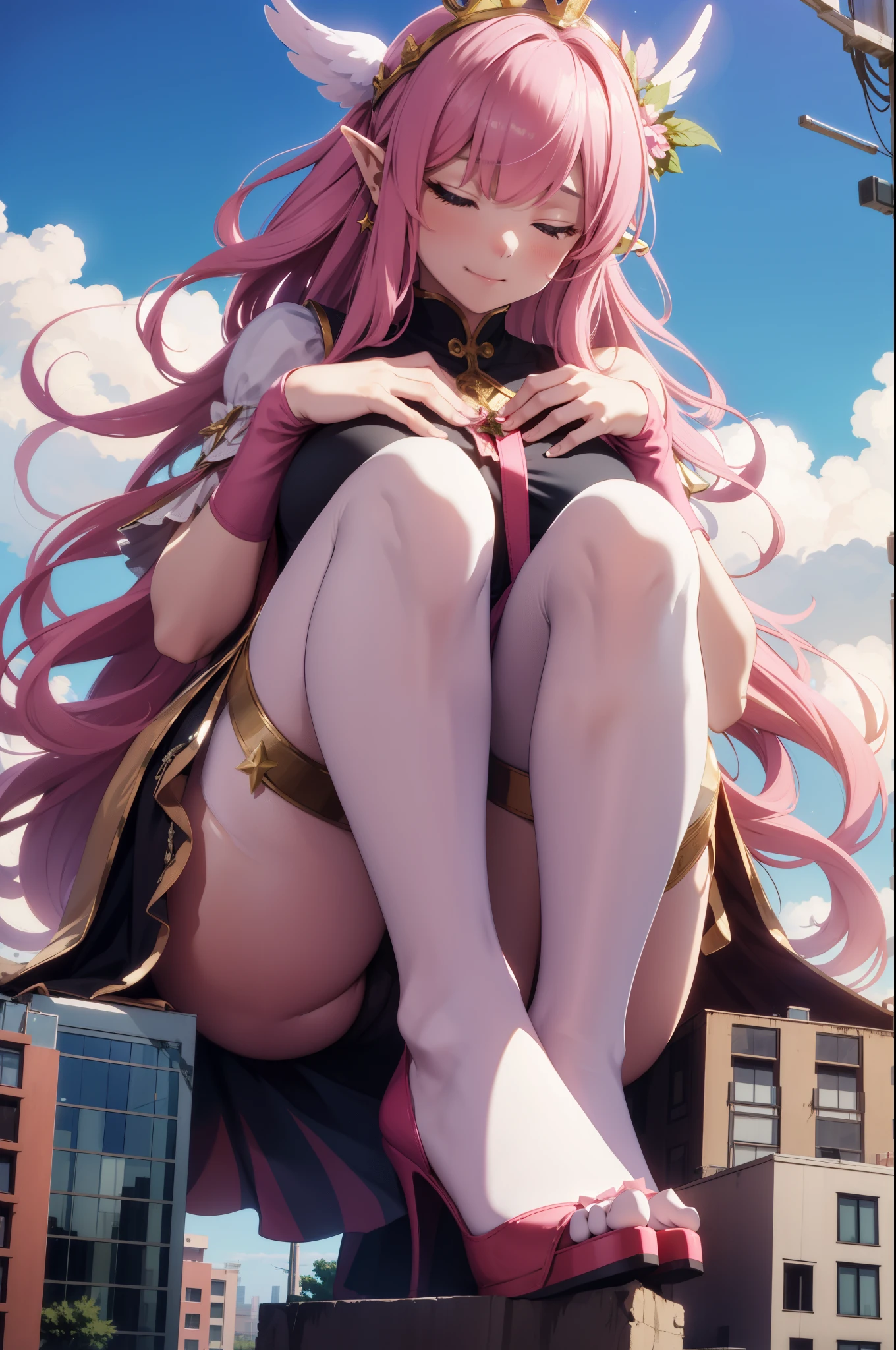 giant girl 50,000 feet high,Weight 1000kg,Has a pair of huge pink angel wings,With huge devil horns on his head,crown on head,Elf wearing pink earrings,She has long pink hair that reaches her feet,loose hair,Pink wavy long curly hair,Wearing a pair of pink boots,Pink lace gloves,Pink lace pantyhose,Pantyhose with bow and star decorations,粉色蕾丝whole body,Standing upright on a small city,Beautiful appearance,Exquisite makeup,quality,8k,高quality,Perfect proportion, Cinema lighting,film grain,Fuji colors,8k,textured skin,Super details,high detail,high resolution,fake smile,blood stains,脚底有blood stains,whole body,Obese,elf princess,feather,flowers,Sitting elegantly on a tall building。