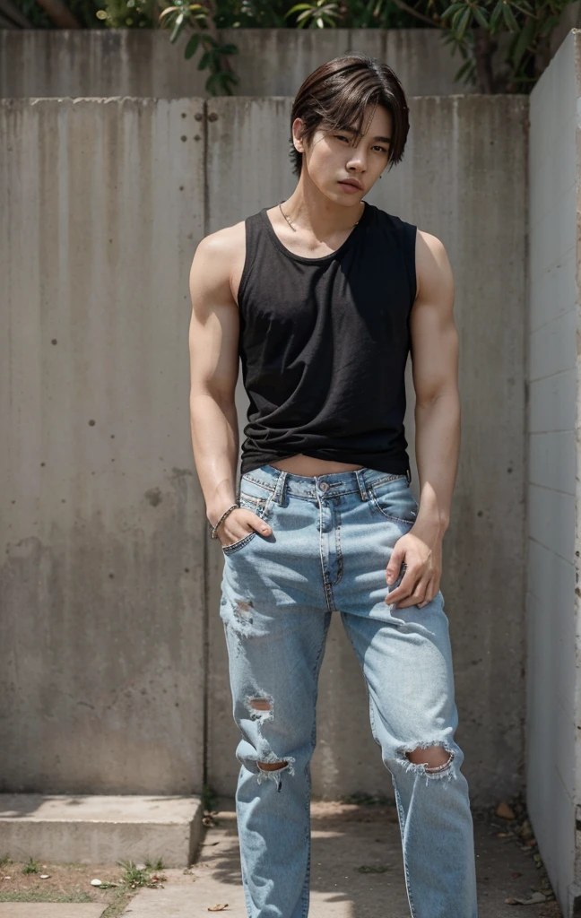 make it photorealistic, hiperrealista, foto realista de um homem coreano de 22 anos, pale skin, rosto muito bonito, corpo forte, strong arms , corpo musculoso, corpo inteiro, corpo inteiro, corpo inteiro, cabelo preto, sem camisa , wearing loose-fitting jeans ripped at the knees, usando sapatos , posing for photo shoot, QG magazine,, foto estilo cantor de KPOP, , standing, fundo liso, homem, homem, Jungkook, taeyang, jimim, boy, solo, boy
