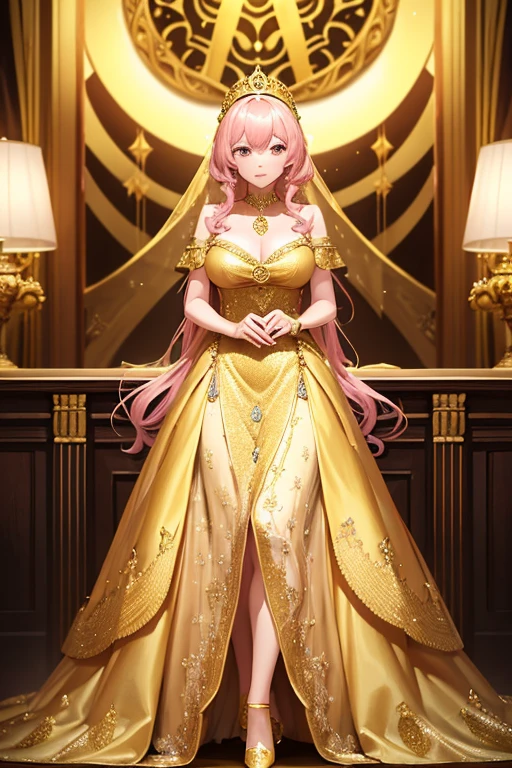 A woman in a gold dress is standing in a room, wearing a dress of gossamer gold, miss aniela, Medieval dress yellow ocher, golden dress, (D)&d magician, ornate Royal Gown, gold clothes, lady using yellow dress, dress in the style of rococo, Royal Gown, gilded outfit,The most beautiful woman in the world、best style、big breasts、beautiful legs、whole body、pink hair、Pink eyes
