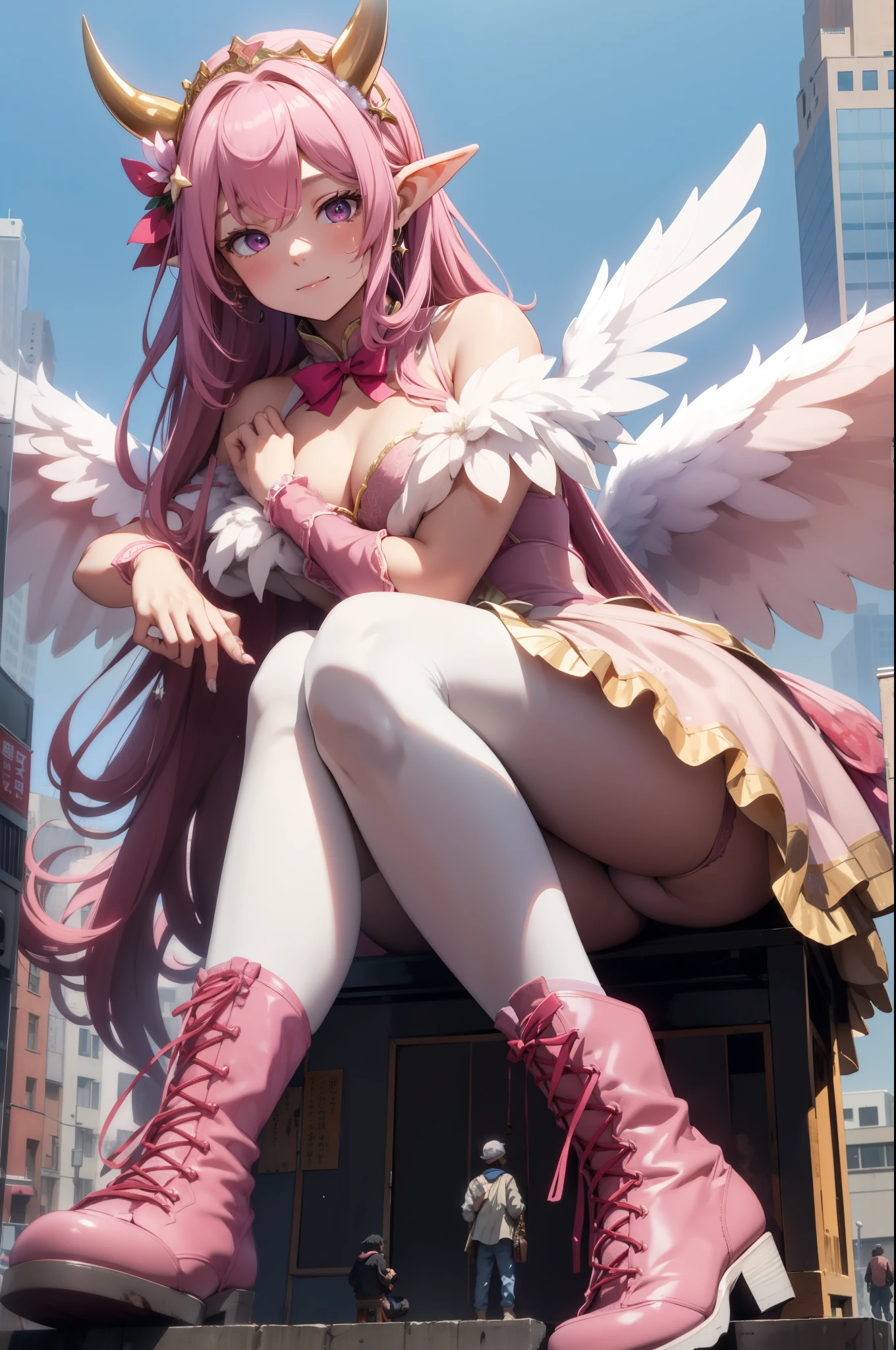 giant girl 50,000 feet high,Weight 1000kg,Has a pair of huge pink angel wings,With huge devil horns on his head,crown on head,Elf wearing pink earrings,She has long pink hair that reaches her feet,loose hair,Pink wavy long curly hair,Wearing a pair of pink boots,Pink lace gloves,Pink lace pantyhose,Pantyhose with bow and star decorations,粉色蕾丝whole body,Standing upright on a small city,Beautiful appearance,Exquisite makeup,quality,8k,高quality,Perfect proportion, Cinema lighting,film grain,Fuji colors,8k,textured skin,Super details,high detail,high resolution,fake smile,blood stains,脚底有blood stains,whole body,Obese,elf princess,feather,flowers,Sitting elegantly on a tall building。