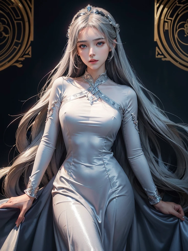 masterpiece, best quality, extremely detailed,cinematic lighting, finely detailed beautiful face and eyes, stoic, arrogant , long smooth shiny silver hair, Realistic lighting, pretty face , Body perfect anatomy,Top Quality, Top resolution, realistic , Cinematic, Aesthetic, beautiful girl , full body , princess in modest silk dress, 