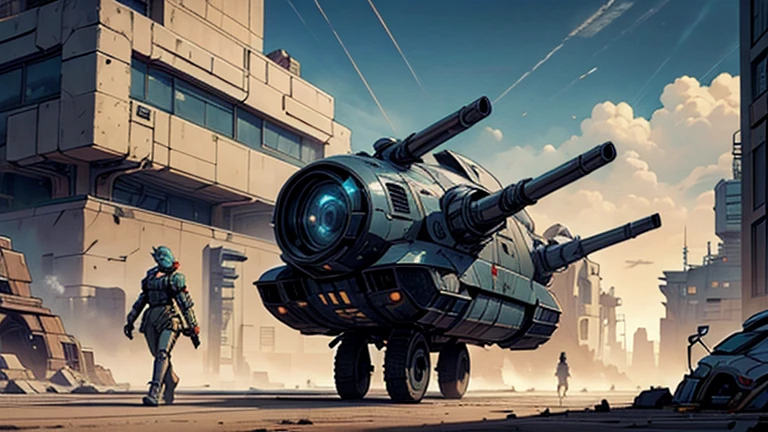Dystopian desert city on a different plant with people walking around heavily armed with futuristic guns, futuristic dystopian concept art, flying vehicles