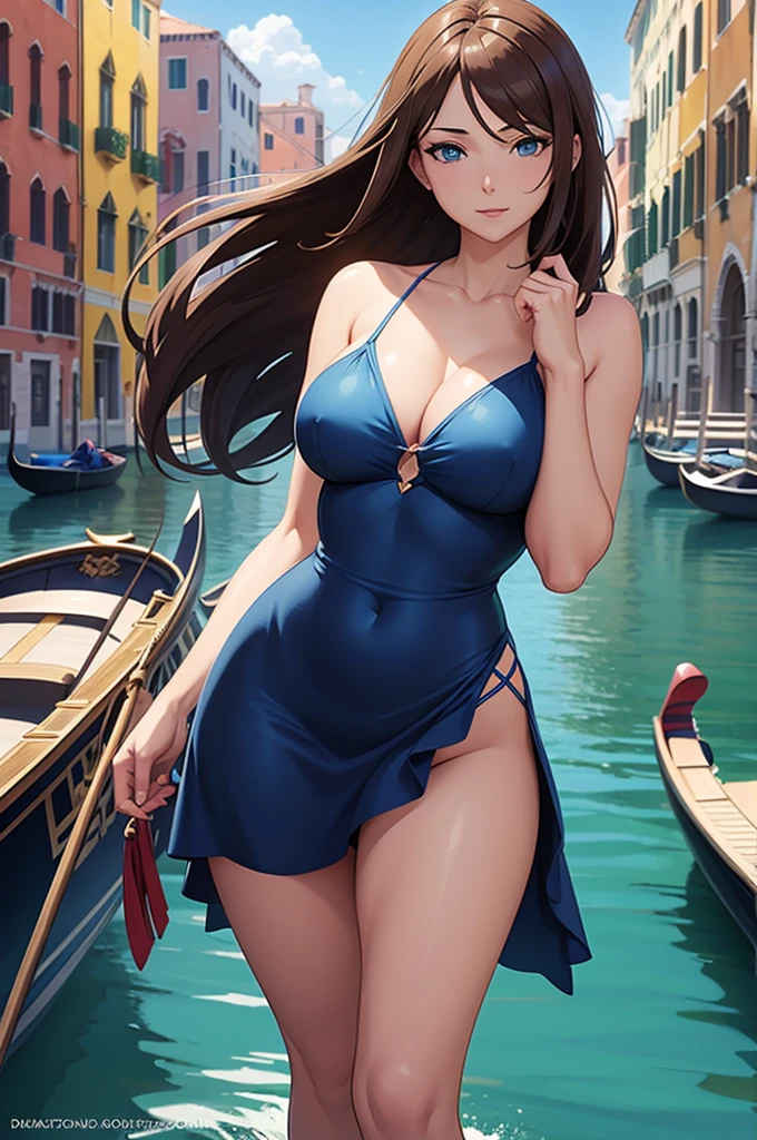 one Rebecca wearing a blue bikini, mature woman, long brown hair, blue eyes, sexy hourglass figure, standing in a gondola in Venice, [ 4 k digital art ]!!, seductive anime girl, deviantart artstation cgscosiety, trending on cgstation, 8k high quality detailed art, photorealistic anime girl render, kawaii hq render, commission for high res, thicc