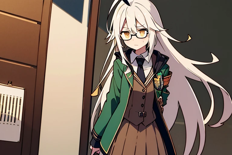 long ahoge,shirt,White hair,Brown eyes,Bottle-bottom glasses,Brown tie,brown skirt,dark green beret,Dark green jacket,girl with,steampunkai,sleepeace,retro city background,#jitome#concept