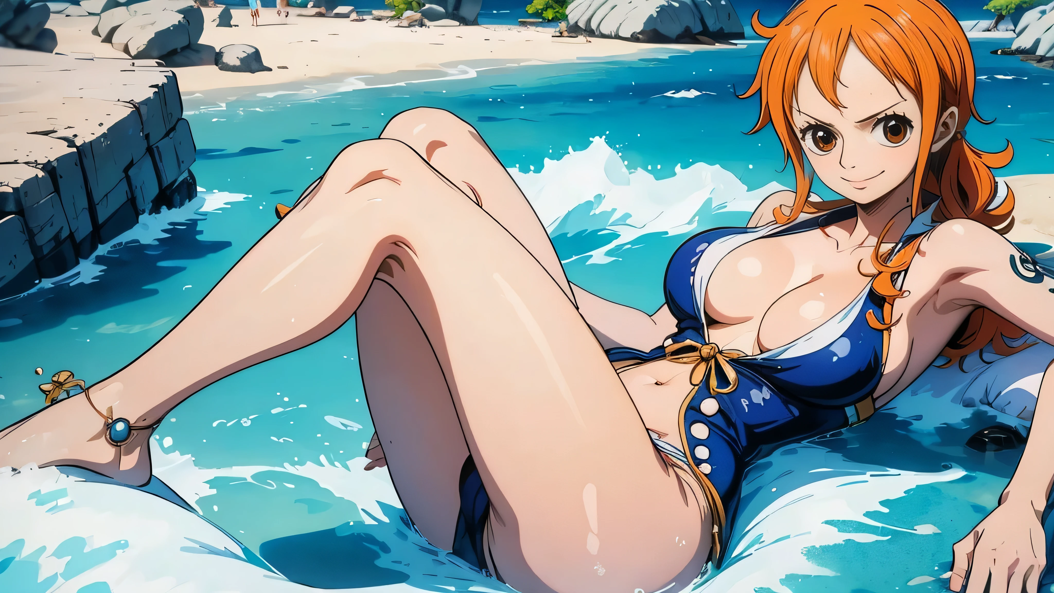 nami one piece showing with her legs open looking at the viewer image of her full body in pirate outfit one piece image definition 4k HDR quality image 4k bright and vibrant colors