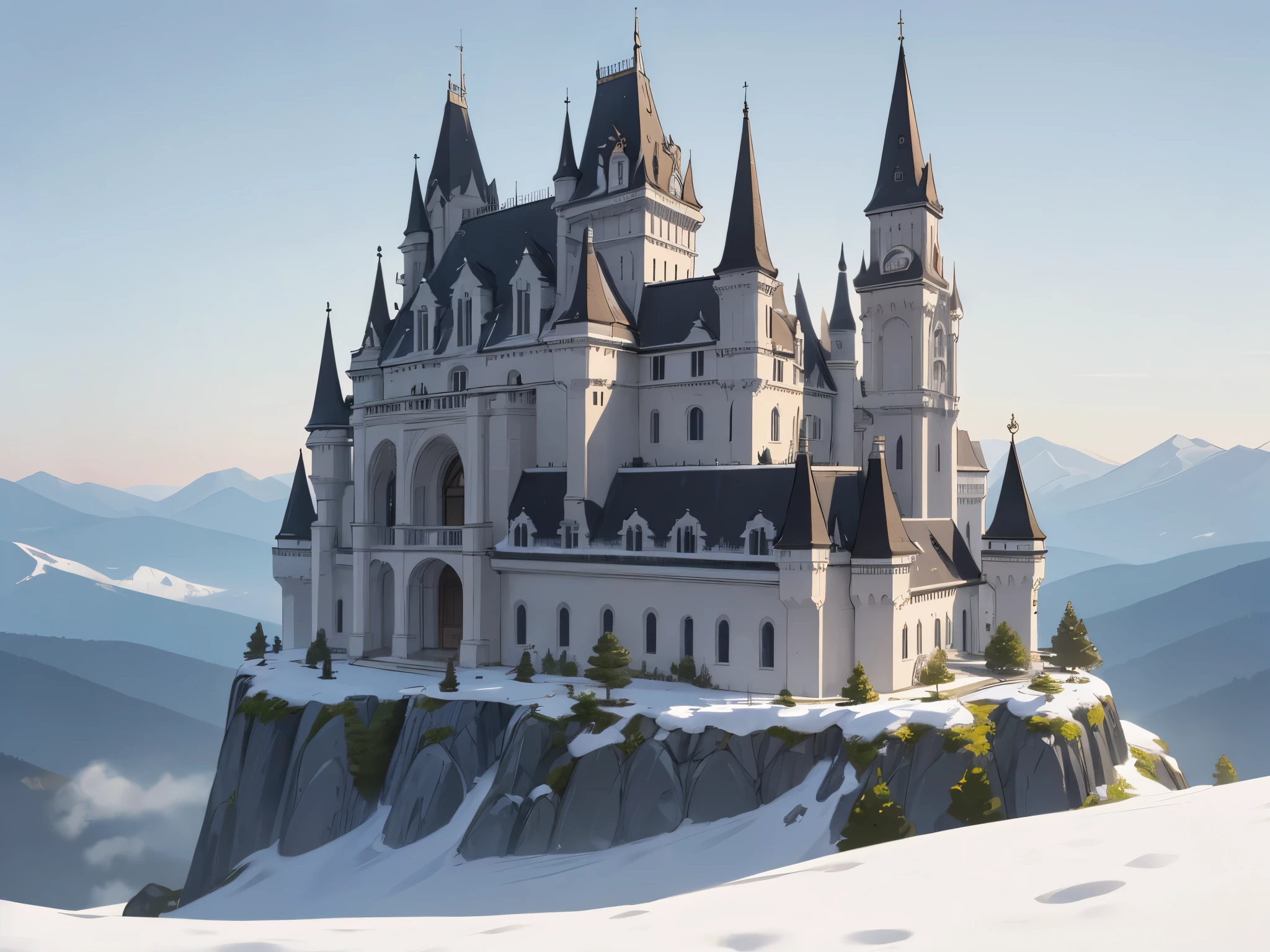 Intricate, detailed, ethereal, fanstasy castle on the top of a snowy mountain, brilliant white, glowing, surrounded by crisp air, big sky