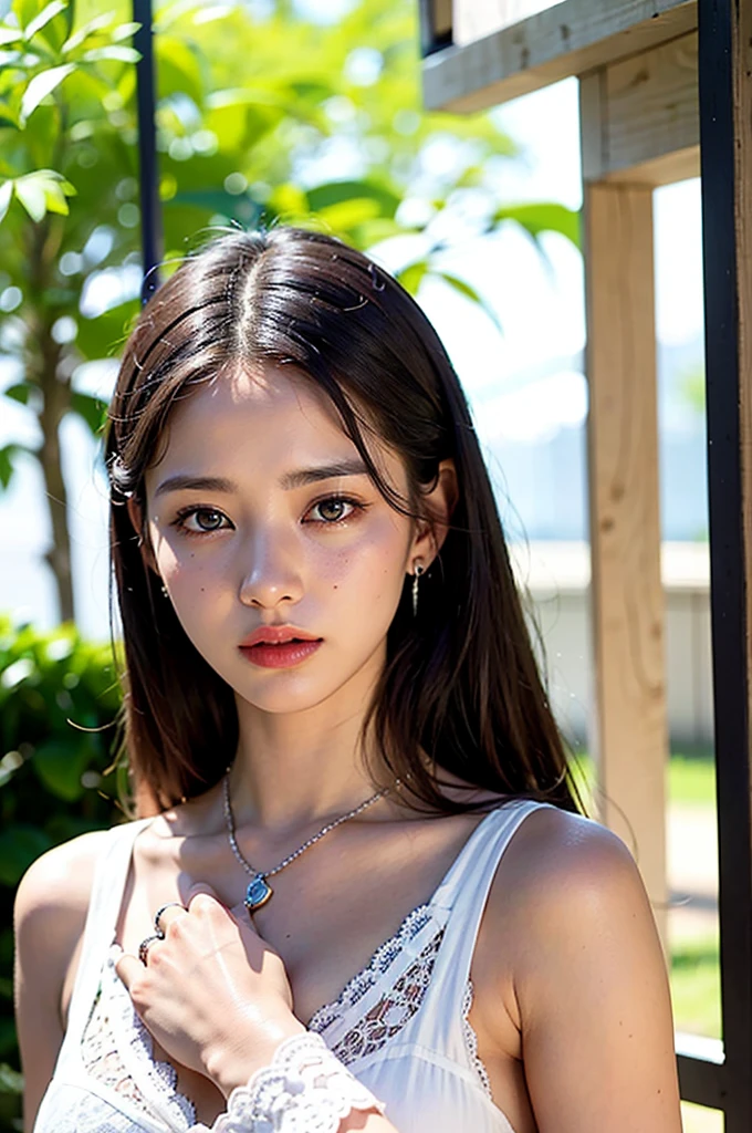 highest quality,masterpiece,very detailed,High resolution,4K,ultra High resolution,detailed shadow,ultra realistic,realistic,dramatic lighting,1 girl,alone,detailed face,realistic eyes,realistic skin,white dress,purple hair,dynamic pose, white lace dress、stand、body whole、necklace、bracelet、ring、earrings、blonde、beautiful woman、black eyes、tear bag、double eyelids、