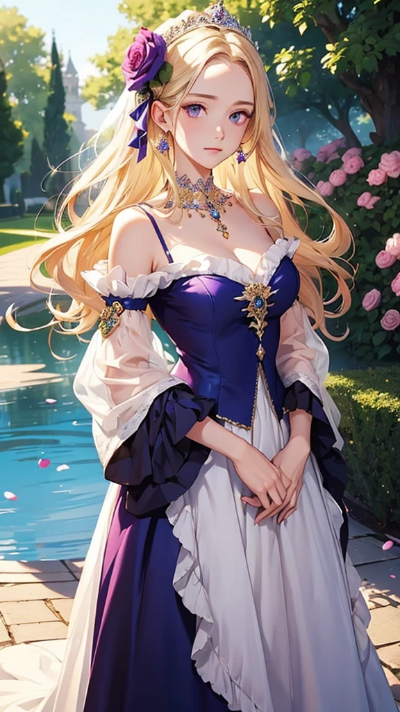 Beautiful woman standing, (Princess),kind,medieval europe,Glamorous long dress,(beautiful and delicate ornaments),(Jewelry Hair Ornament),Madame de,frills,(Lustrous blonde hair),(purple eyes),Upper body, (masterpiece, high quality, 最high quality), (colorful),(delicate eyes and face),Dresses of the Rococo era, virago sleeve,french garden,Fluttering petals,rose garden,null, blue null, Sunny, fantasy, the wind is strong, city, outdoor, flowers, lake,bluebird,firebird