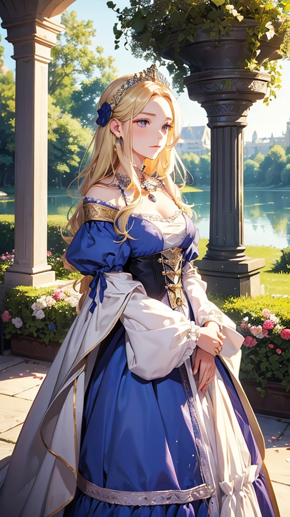 Beautiful woman standing, (Princess),kind,medieval europe,Glamorous long dress,(beautiful and delicate ornaments),(Jewelry Hair Ornament),Madame de,frills,(Lustrous blonde hair),(purple eyes),Upper body, (masterpiece, high quality, 最high quality), (colorful),(delicate eyes and face),Dresses of the Rococo era, virago sleeve,french garden,Fluttering petals,rose garden,null, blue null, Sunny, fantasy, the wind is strong, city, outdoor, flowers, lake,bluebird,firebird