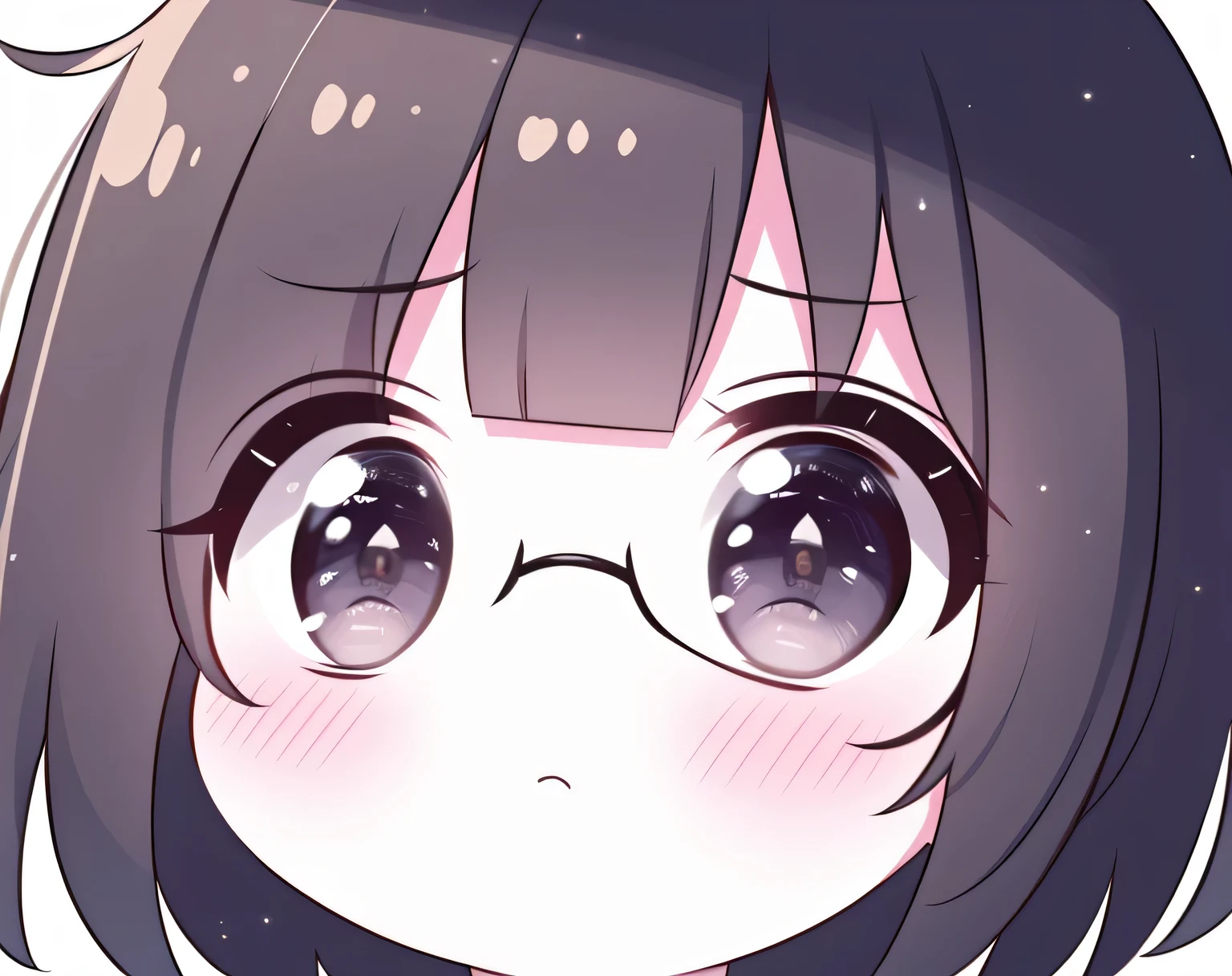 Crie uma imagem fofa de uma menina com cabelos pretos liso e com franjinha, oculos levemente arredondados, uma ppintinha abaixo do olho direito, meiga, gentil e animada