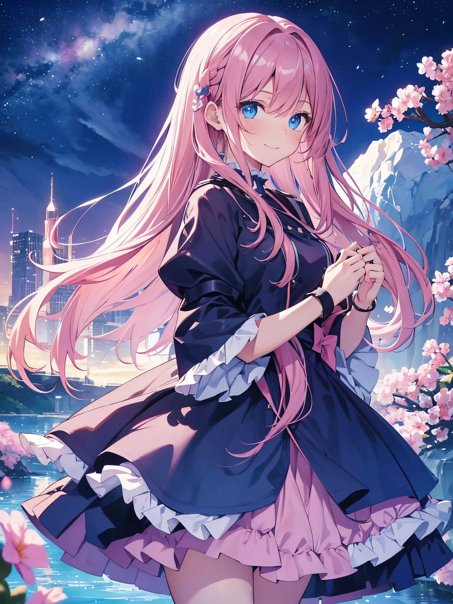 4k, HD ultra, Anime, 1girl, blue eyes, age15, full body, cute face, very long hair, pink hair, smile, shame, frilled dress, night sky with river and beautiful flowers