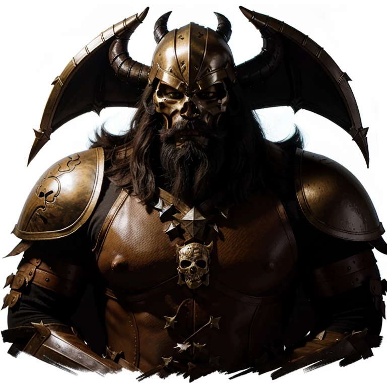 Draw a strong man in tiger armor and a helmet in the shape of a demon skull, with a long black beard and hair