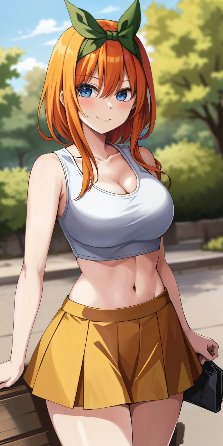 2d, masterpiece, best quality, anime, highly detailed, 1girl, solo, cowboy shot, nakano yotsuba, orange hair, hair bow, crop top, cleavage , miniskirt, medium breasts, standing, , outdoors, smile