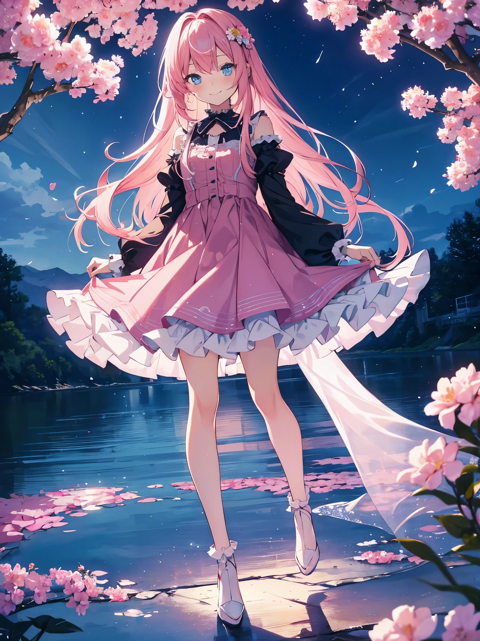 4k, HD ultra, Anime, 1girl, blue eyes, , full body, cute face, very long hair, pink hair, smile, shame, frilled dress, night sky with river and beautiful flowers