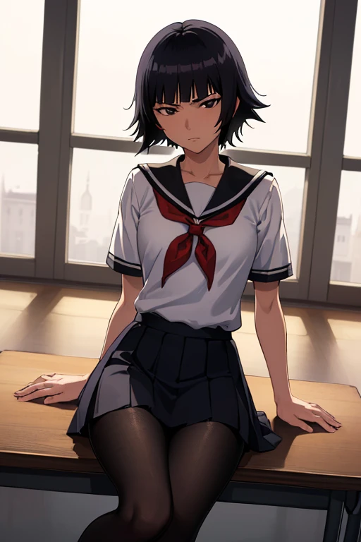 ultra-realistic 8k CG, masterpiece, ((ultra-detailed background, expressive eyes, fine drawing, intricate details, high detail, better quality fine details, hyper-detailed face)), (photorealistic: 1.4), beautiful lighting, RAW photo, film grain, soi fon, 1girl, solo, ((dark black hair, short hair)), ((dark black eyes)), black irises, makeup, side strands, (( slim girl)), ((detailed background, inside, dim lighting, moody lighting, inside classroom)), (intricately detailed full-body shot)), ((intricately detailed face and character)), sweating, detailed face, beautiful face, sharp stern features, petite, thin, skinny, kubo tito, kubo tito (style), bleach (manga), bleach manga style, asian eyes, inspired by Kusumi Morikage, toned, small breasts, toned, long slender legs, thin legs, ((pretty arched feet)), ), ((neckerchief, pleated skirt, red neckerchief, school uniform, shirt, short sleeves, skirt, white shirt, school uniform, pantyhose, black penny shoes)), sitting on desk, facing viewer, cowboy shot