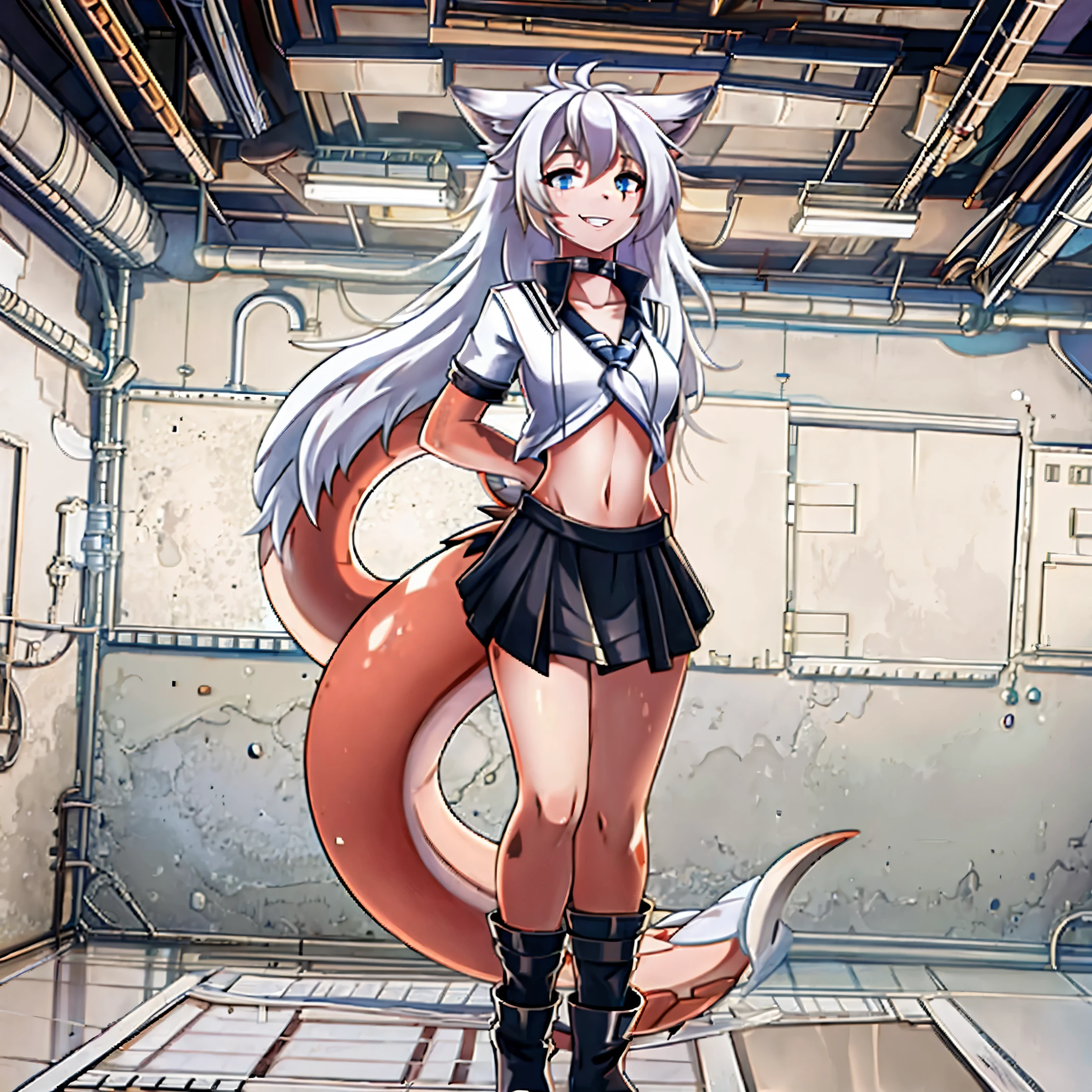 8k, resolution, high quality, high resolution, best quality, extremally detailed, best resolution, absurd resolution, ray tracing, high detailed, masterpiece, extremely detailed,shoulder length white hair, female,2 white wolf ears, teenage girl, slim body, white scale dragon tail,black boots,black leggings, navel blue school skirt, sailor shirt, white jacket, medium size chest, detailed blue eyes, detailed beautiful face,solo female,1 dragon tail, detailed eyes, tomboyish, dragon tail, white scales