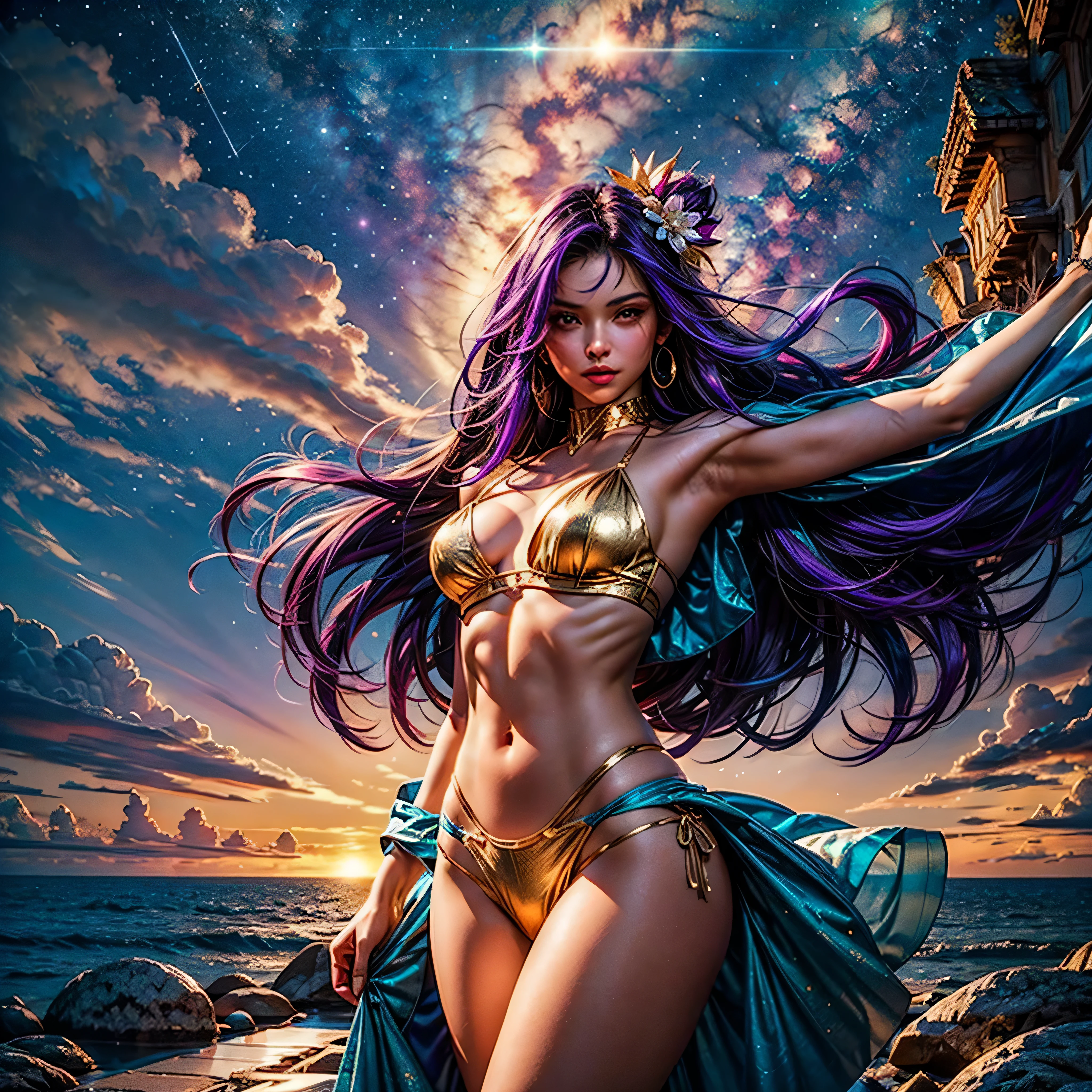 epic Nebulae stunning nebula vibrant hues ethereal interstellar sparks curiosity birth evolution stars Sun hyper starry_sky spacious SunShine panoramic sunset ultra sunrise ((Cinematic light, Best quality, Masterpiece :1.3)), 1girl, Beautiful woman with thin abs :1.4, (purple hair, small breasts :1.3), rope panties, bra :1.2, hopefully falling, seductive open lips, urban, ultra-detailed face, detailed eyes, double eyelidwork, best quality, Neeko, hair ornaments, hair flower, body paint, calango tail, trying to be sexy,((golden outfits fashion suit)), showing sweaty armpits, steamy, sexual teasing, ((standing split)), fight position, hands shining purple, see-through bikini, deep path Equirectangular_360 street UnrealEngine5 Ultra Masterpiece Cinematic_sunlight ultra Pro_Photo-realistic optimal ultra_high-quality opengl-shaders ultra_high-details accurate reflex ultra_high-resolution perfection volumetric lightning improved Octane_rendues ultra_high-definition UHD XT3 DSLR HDR 3dcg shadow analogiques extatiques symmetrical dazzling Will-o'-the-wisp global luminescence plasma hearth incandescente reflection varied multi etc. --s 1000 --c 20 --q 20 --chaos 100