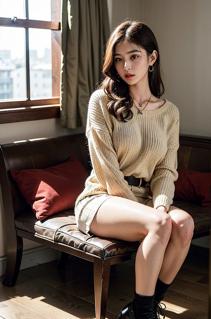 highest quality,masterpiece,very detailed,High resolution,4K,ultra High resolution,detailed shadow,ultra realistic,realistic,dramatic lighting,1 girl,alone,detailed face,realistic eyes,realistic skin,dynamic pose, white knit sweater、pleated skirt、boots、knee high socks、、stand、body whole、necklace、bracelet、ring、earrings、blonde、beautiful woman、black eyes、tear bag、double eyelids、beautiful woman、beautiful、Feminine hands、Sweet atmosphere、Winter clothes、Hotel、indoor lighting at night
