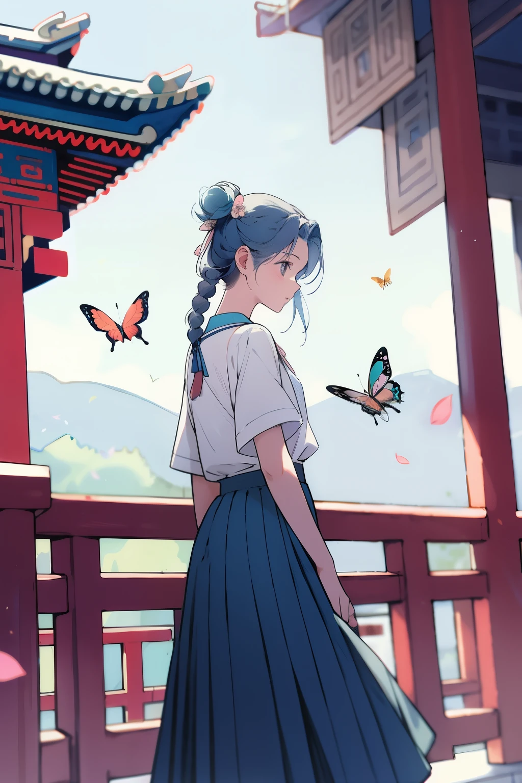 One is wearing a pure white shirt,Paired with azure blue pleated skirt,There is a peach blossom on the temple,girl with braids,From time to time there are butterflies flying by