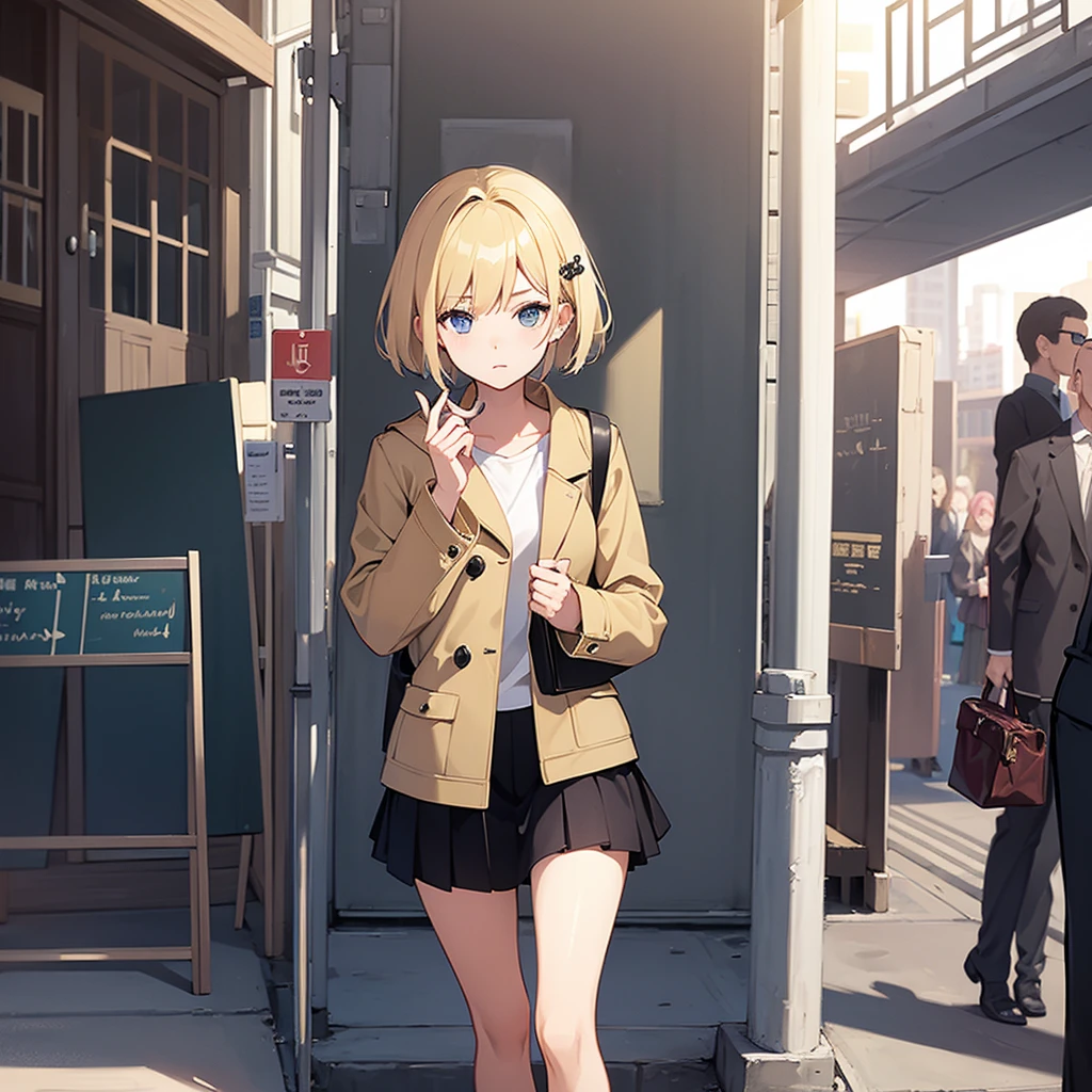 Masterpiece, solo, 1girl, overcoat, hair ornament, short skirt, short blonde hair, Street