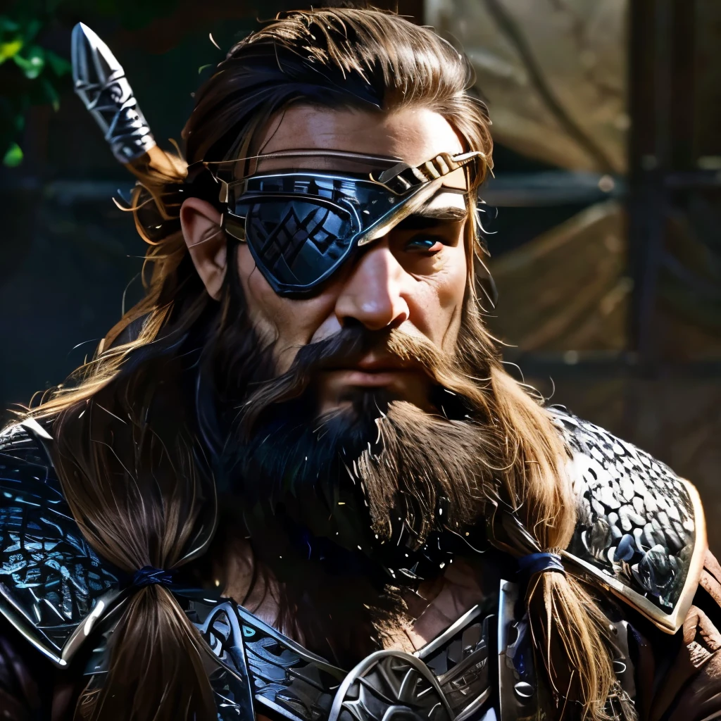 Dwarf, warrior, helmet(steel), chainmail, brown full beard with two braids, left eye(one eye patch)