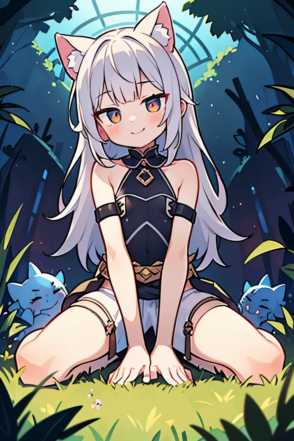 ((Masterpiece)), (best quality), (cinematic lighting), Cute teenage girl, Cute eyes, backlit, side light, small chest, slender body, (fisheye:1.3), from below, (trival long loincloth), (put on cat ears), (ancient ruined overgrown), ((Sitting on one knee on the ground)), open legs wide, looking at viewer, (evil smile, blush), silver hair with red highlights, (wearing Fur Tube Top)