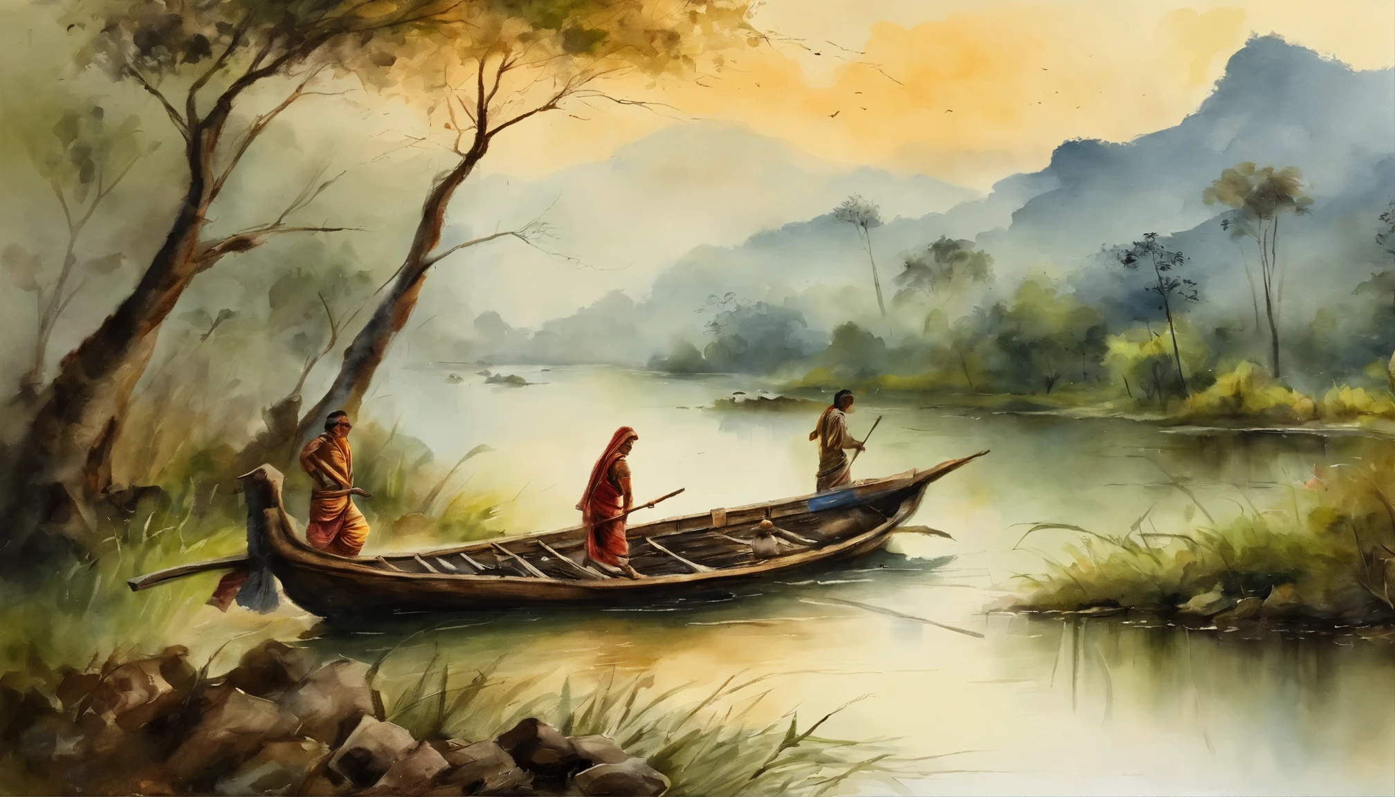 Landscape painting，ink and watercolor painting，water ink，ink，Smudge，an old cabinof  Burmese, young novice are on bamboo bridge , Faraway view，Ultra-wide viewing angle，Meticulous，Light boat in the distance，Faraway view，Meticulous，the trees，Smudge，low-saturation，Low contrast，The light boat has crossed the Ten Thousand Heavy Mountains，Beautifully depicted，A detailed，acurate，Works of masters，tmasterpiece