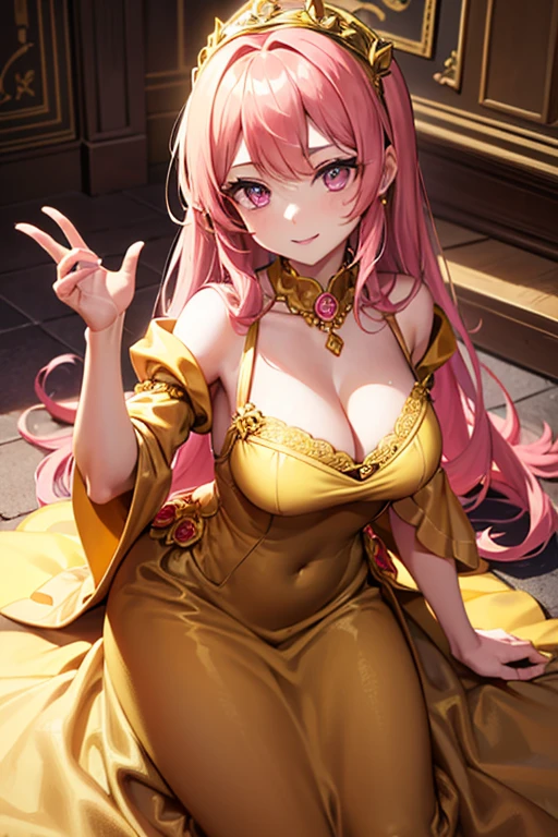 extremely detailed, solo, perfect face, pretty face, highly detailed face,(muste piece), (best quality)、Woman in gold dress, wearing a dress of gossamer gold, miss aniela, Medieval dress yellow ocher, golden dress, Royal Gown, gold clothes, lady using yellow dress, dress in the style of rococo, Royal Gown, gilded outfit,The most beautiful woman in the world、best style、(pink hair、pink eyes)