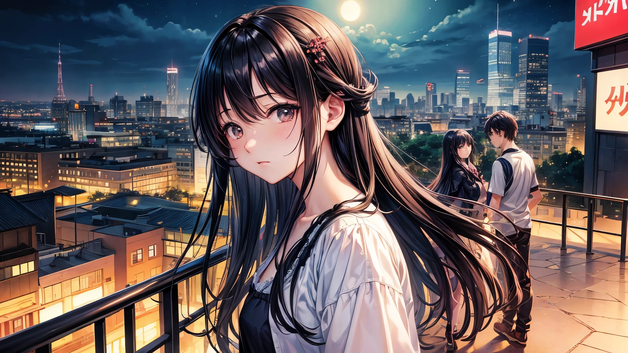 anime illustration、High resolution、sad man and woman couple、、black straight hair、Urban city、camellia、movie scene