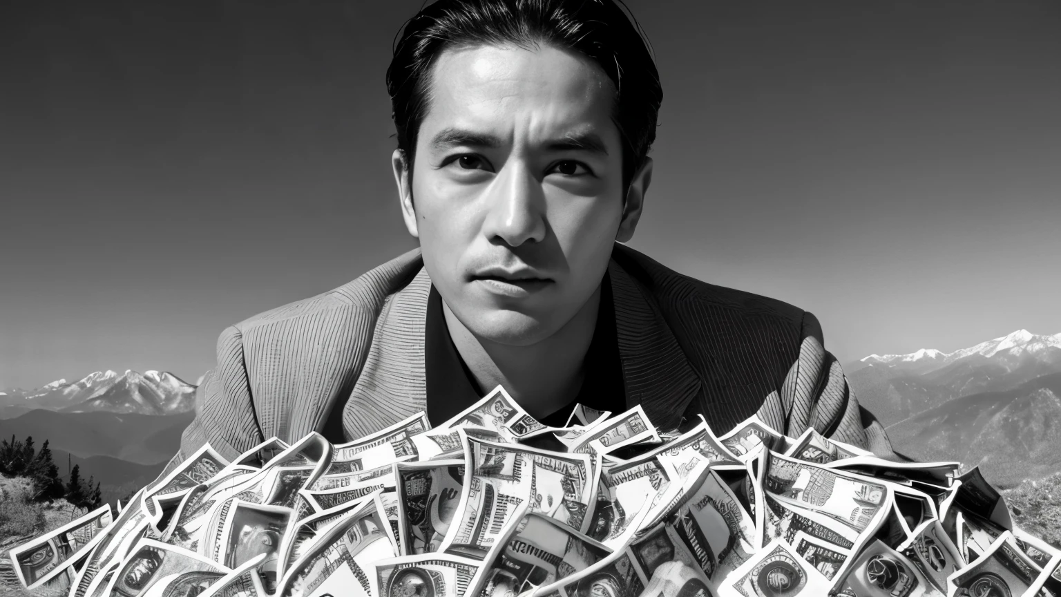 a man with a mountain of money, black and white portrait
