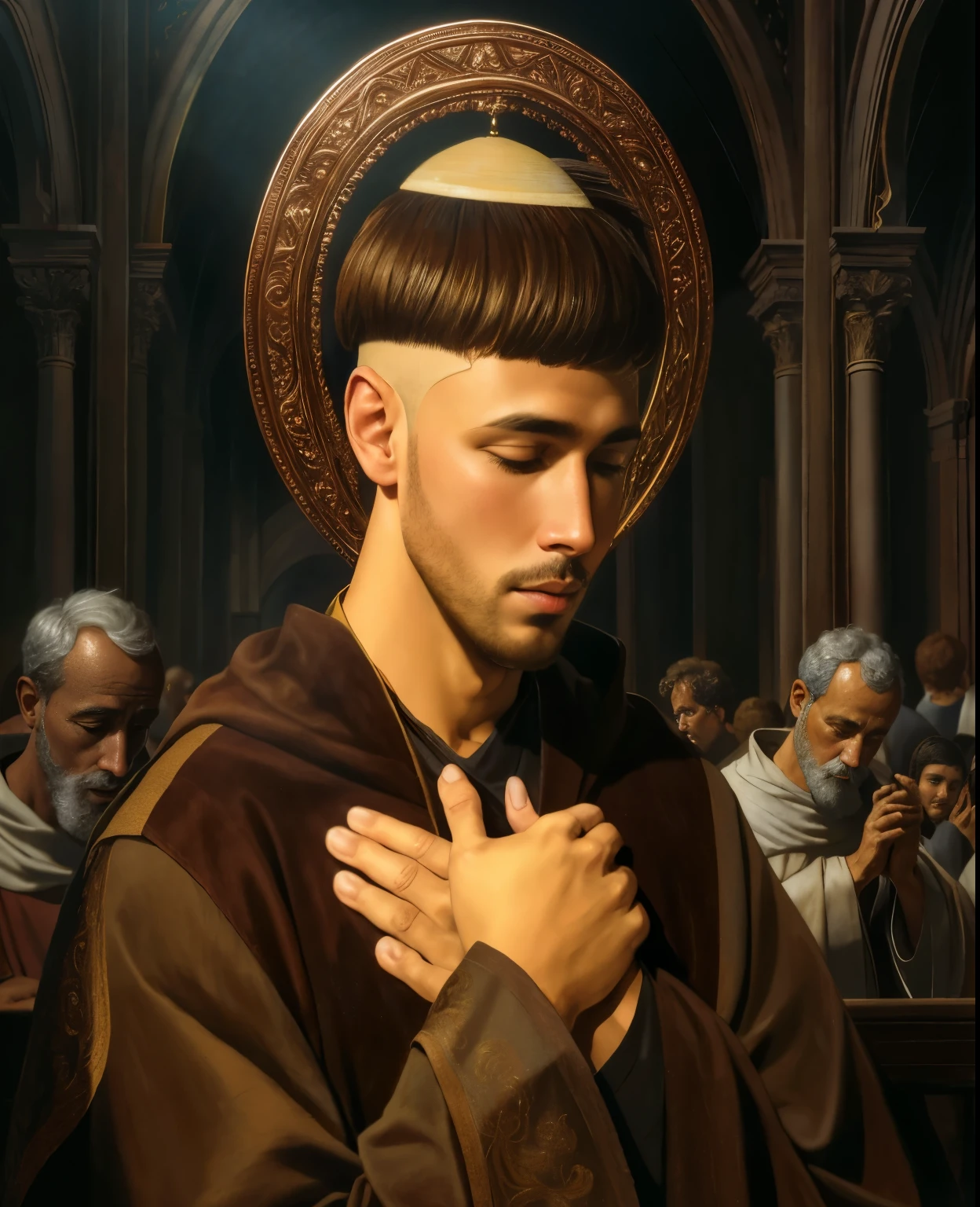 blurred image of a man in a brown robe praying, inspirado em Petrus Christus, retrato de santo da cova, retrato da obra-prima religiosa, NPC com um santoHello, inspirado em Geertgen tot Sint Jans, inspirado no Mestre de Saint Giles, pontifex, portrait of monge, NPC com um santo\Hello, pintura digital renascentista, monge