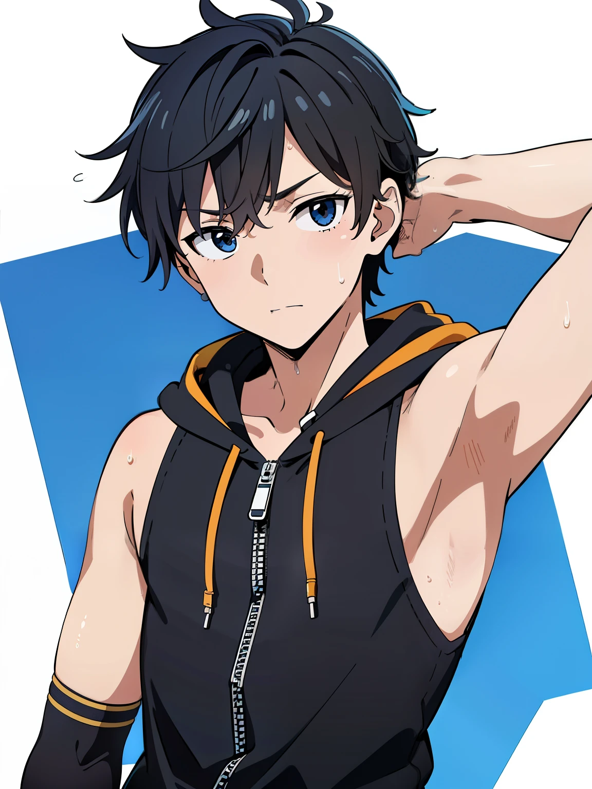 Highres, Masterpiece, Best quality at best,Best Quality,hight quality, hight detailed, 1boy, Shota, Headset, The hoodie is sleeveless and has an open zipper, (young boy), 12-year-old boys, (Showing armpit:1.3), hansome, Sweat