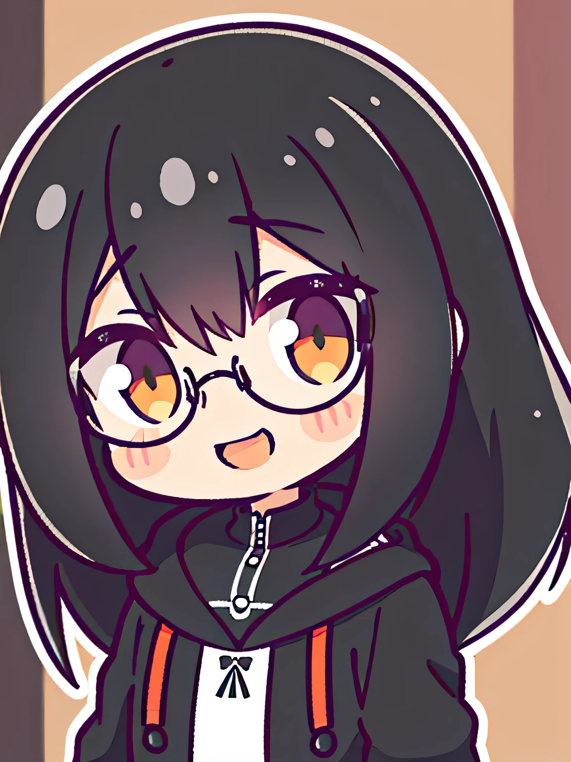  de cabelo preto escuro ,franja reta,olhos castranhos,Cabelo preto,sorriso, moletom adoravel, oculos levemente redondos