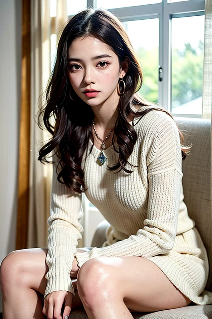 highest quality,masterpiece,very detailed,High resolution,4K,ultra High resolution,detailed shadow,ultra realistic,realistic,dramatic lighting,1 girl,alone,detailed face,realistic eyes,realistic skin,dynamic pose, white knit sweater、pleated skirt、boots、knee high socks、、stand、body whole、necklace、bracelet、ring、earrings、blonde、short bob、beautiful woman、black eyes、tear bag、double eyelids、beautiful woman、beautiful、Feminine hands、Sweet atmosphere、Winter clothes、Hotel、indoor lighting at night、masterpiece、high resolution、High definition、Super detailed、sexy pose