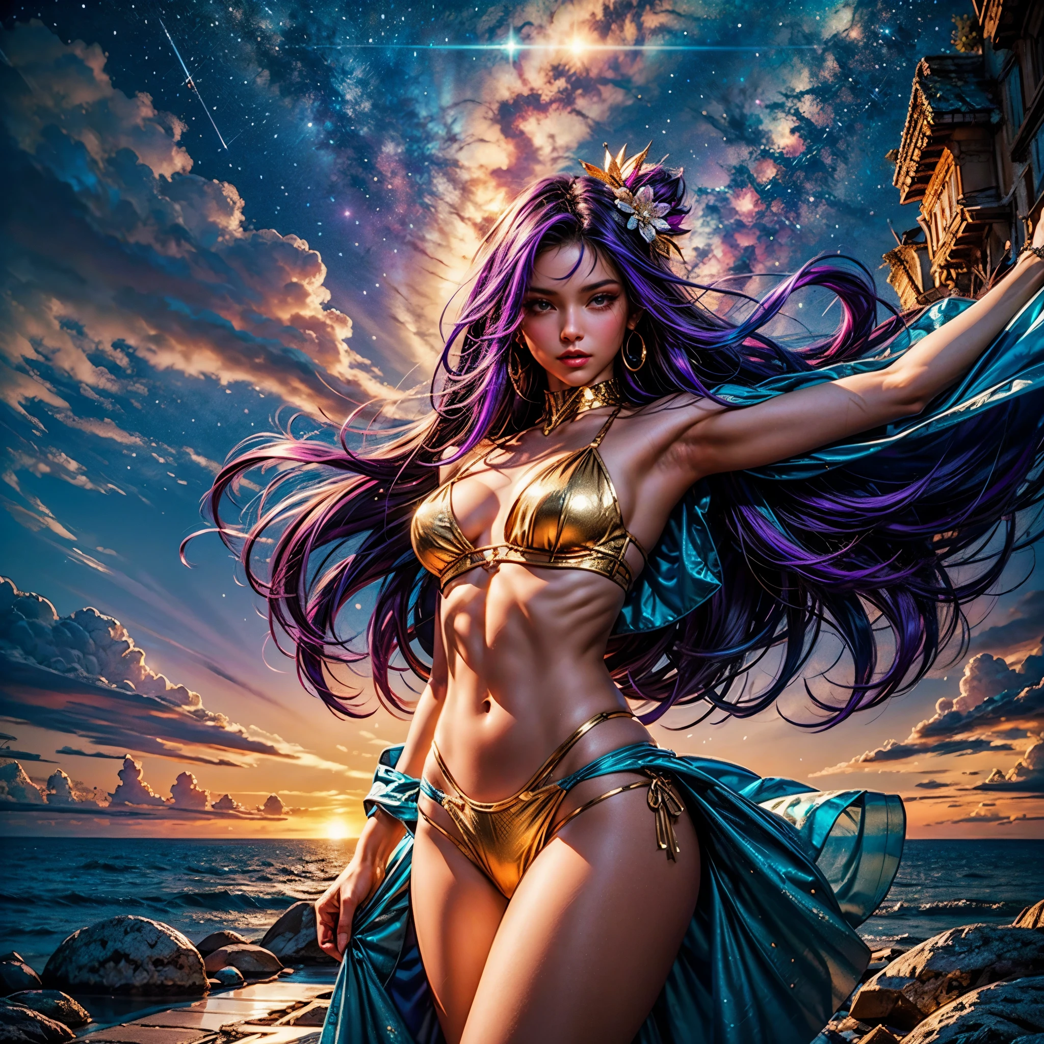 epic Nebulae stunning nebula vibrant hues ethereal interstellar sparks curiosity birth evolution stars Sun hyper starry_sky spacious SunShine panoramic sunset ultra sunrise ((Cinematic light, Best quality, Masterpiece :1.3)), 1girl, Beautiful woman with thin abs :1.4, (purple hair, small breasts :1.3), rope panties, bra :1.2, hopefully falling, seductive open lips, urban, ultra-detailed face, detailed eyes, double eyelidwork, best quality, Neeko, hair ornaments, hair flower, body paint, calango tail, trying to be sexy,((golden outfits fashion suit)), showing sweaty armpits, steamy, sexual teasing, ((standing split)), fight position, hands shining purple, see-through bikini, deep path Equirectangular_360 street UnrealEngine5 Ultra Masterpiece Cinematic_sunlight ultra Pro_Photo-realistic optimal ultra_high-quality opengl-shaders ultra_high-details accurate reflex ultra_high-resolution perfection volumetric lightning improved Octane_rendues ultra_high-definition UHD XT3 DSLR HDR 3dcg shadow analogiques extatiques symmetrical dazzling Will-o'-the-wisp global luminescence plasma hearth incandescente reflection varied multi etc. --s 1000 --c 20 --q 20 --chaos 100