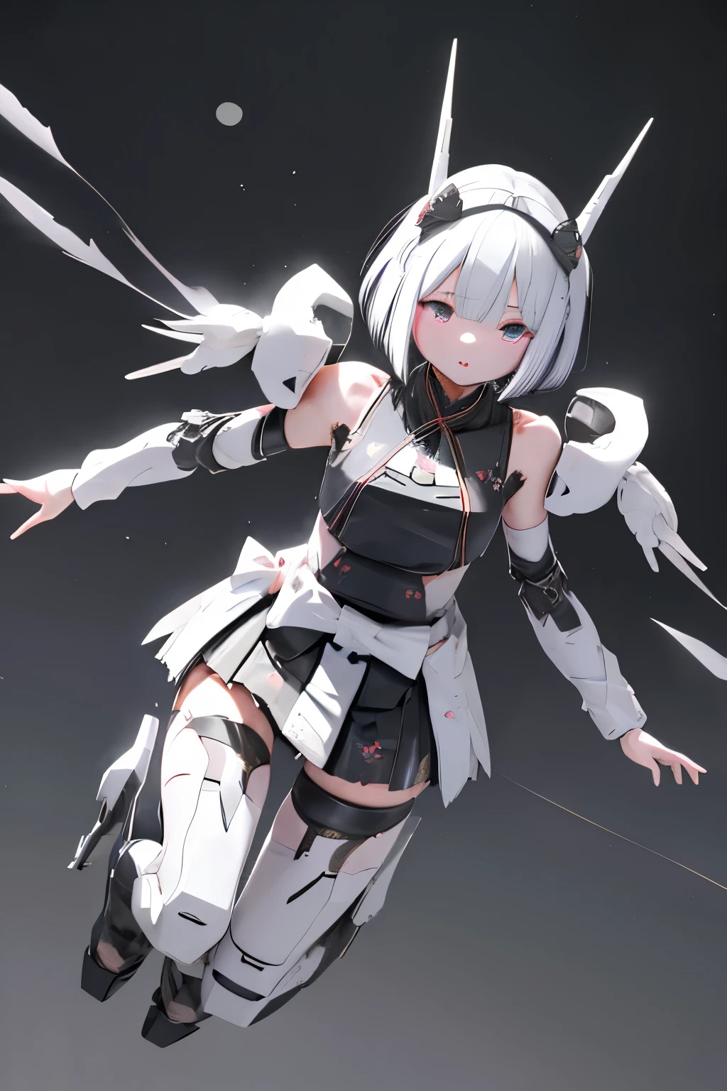 (highest quality)), ((masterpiece)), (very detailed: 1.3), 3D, {(japanese young girl)}, japanese girl wear gothic ta clothes with white frills under armor, wears a futuristic Gundam mecha,(Gundam), with headgear, with v-fin , armored shoulders,armored under arms, armored under legs, multilayer textureperfect proportions, octane rendering, duotone lighting, Low ISO, wide aperture, White balance, Rule of thirds, ultra HD16k, HDR (High Dynamic Range), Ray Tracing, NVIDIA RTX, Super Resolution, Subsurface Scattering, PBR Texturing, Post Processing, Anisotropic Filtering, Depth of Field, Maximum Clarity and Clarity, High efficiency subpixel, subpixel convolution, particles of light, light scattered, Tyndall effect, full body:1.5, battle pose, cute, (cute:1.2), (bob cut:1.3),三つ編み, 黒髪, 太い眉毛, 薄い色の虹彩, 大きくて輝いている黒い瞳, 長いまつげ, 小さく薄い色の自然な唇, (Average face of Japanese idols), (日本人特有の童顔:1.3), (baby face), 広いおでこ:1.2, ふっくらした頬, 小さな顎, visible side boob, A lot of daggers are flying, in the hangar,looking at viewer,Focus on the eyes
