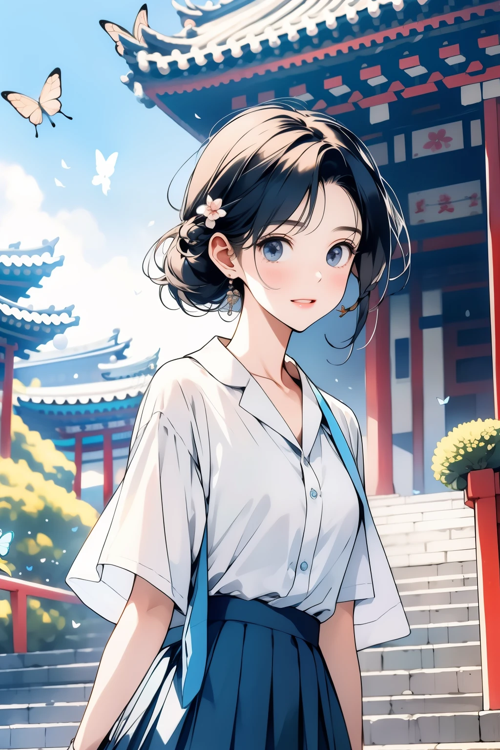 One is wearing a pure white shirt，Paired with azure blue pleated skirt，There is a peach blossom on the temple，girl with braids，From time to time there are butterflies flying by