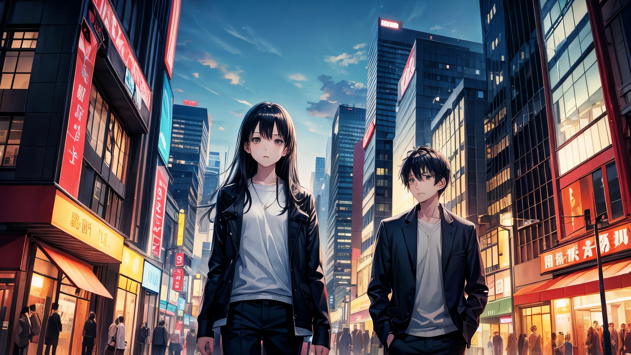 anime illustration、High resolution、sad man and woman couple、Boy 1、girl 1、、black straight hair、Urban city、camellia、movie scene