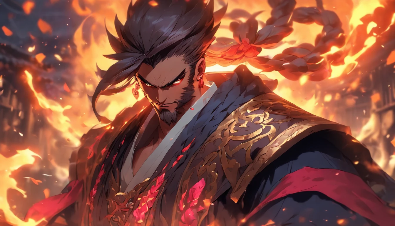 1 person similar to graves costume vice principal warrior in league of legends, hanfu, book , 4k, full HD, dark, magic, fire, darkness