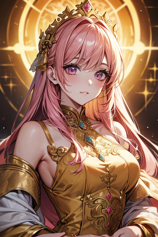 extremely detailed, solo, perfect face, pretty face, highly detailed face,(muste piece), (best quality)、Woman in gold dress, wearing a dress of gossamer gold, miss aniela, Medieval dress yellow ocher, golden dress, Royal Gown, gold clothes, lady using yellow dress, dress in the style of rococo, Royal Gown, gilded outfit,The most beautiful woman in the world、best style、(pink hair、pink eyes)