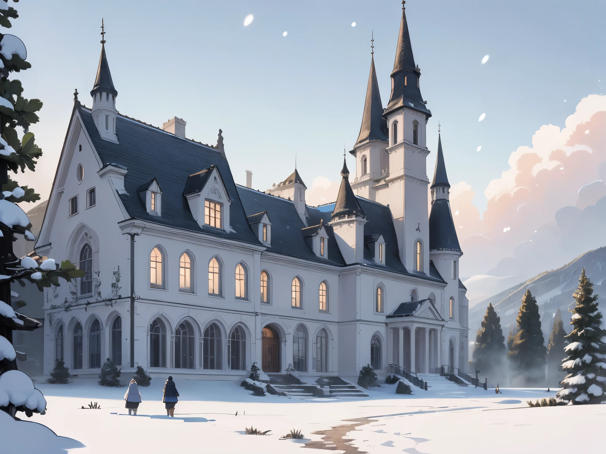Intricate, detailed, ethereal, sprawling fanstasy castle on the top of a snowy mountain, brilliant white, glowing, fine lines, blue roof, intricate etching, surrounded by crisp air, big sky, snowy mist, 