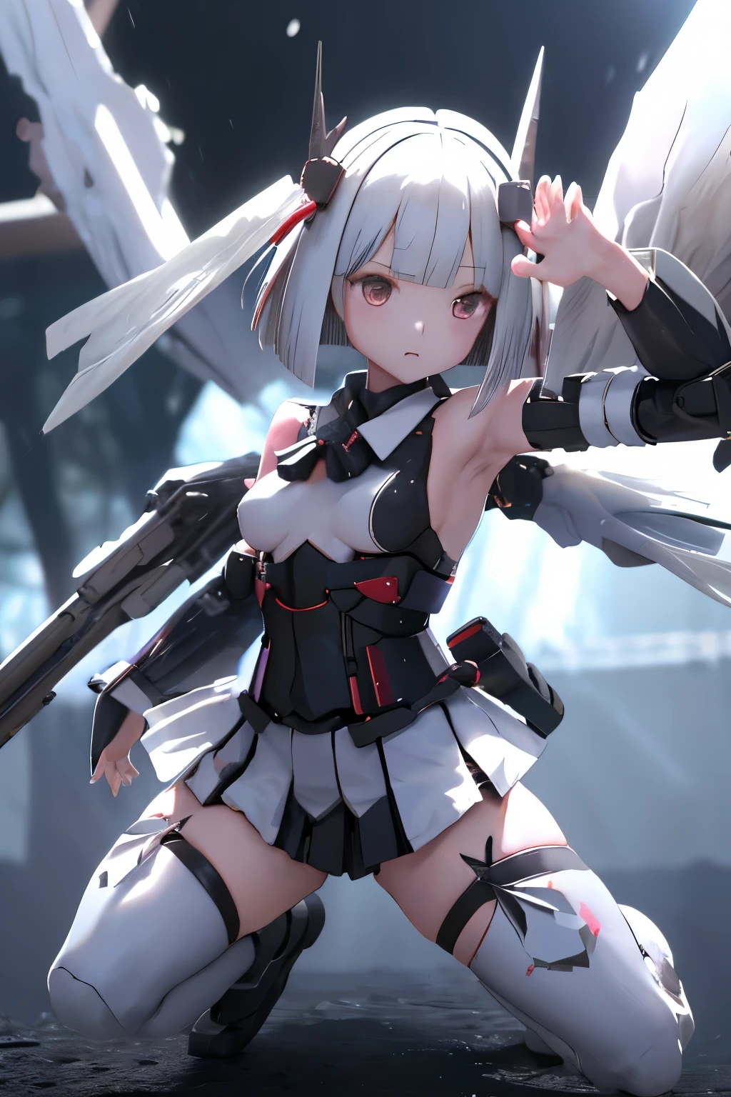 (highest quality)), ((masterpiece)), (very detailed: 1.3), 3D, {(japanese young girl)}, japanese girl wear gothic lolita clothes with white frills under armor,  wears a futuristic Gundam mecha,(Gundam), with headgear, with v-fin , armored shoulders,armored under arms, armored under legs,  multilayer textureperfect proportions, octane rendering, duotone lighting, Low ISO, wide aperture, White balance, Rule of thirds, ultra HD16k, HDR (High Dynamic Range), Ray Tracing, NVIDIA RTX, Super Resolution, Subsurface Scattering, PBR Texturing, Post Processing, Anisotropic Filtering, Depth of Field, Maximum Clarity and Clarity, High efficiency subpixel, subpixel convolution, particles of light, light scattered, Tyndall effect, full body:1.5, battle pose, cute, (cute:1.2), (bob cut:1.3),三つ編み, 黒髪, 太い眉毛, 薄い色の虹彩, 大きくて輝いている黒い瞳, 長いまつげ, 小さく薄い色の自然な唇, (Average face of Japanese idols), (日本人特有の童顔:1.3), (baby face), 広いおでこ:1.2, ふっくらした頬, 小さな顎, visible side boob, A lot of daggers are flying, in the hangar,looking at viewer,Focus on the eyes 