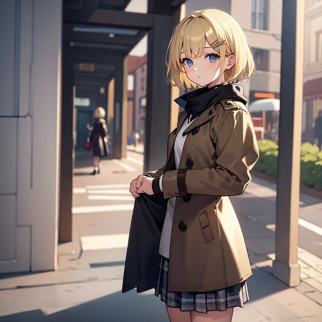 Masterpiece, solo, 1girl, overcoat, hair ornament, short skirt, short blonde hair, Street