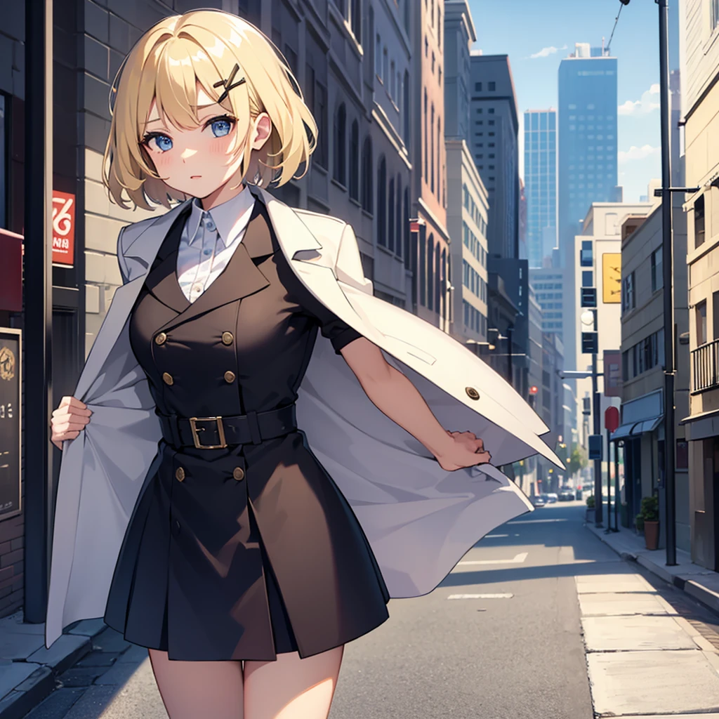 Masterpiece, solo, 1girl, overcoat, hair ornament, short skirt, short blonde hair, Street