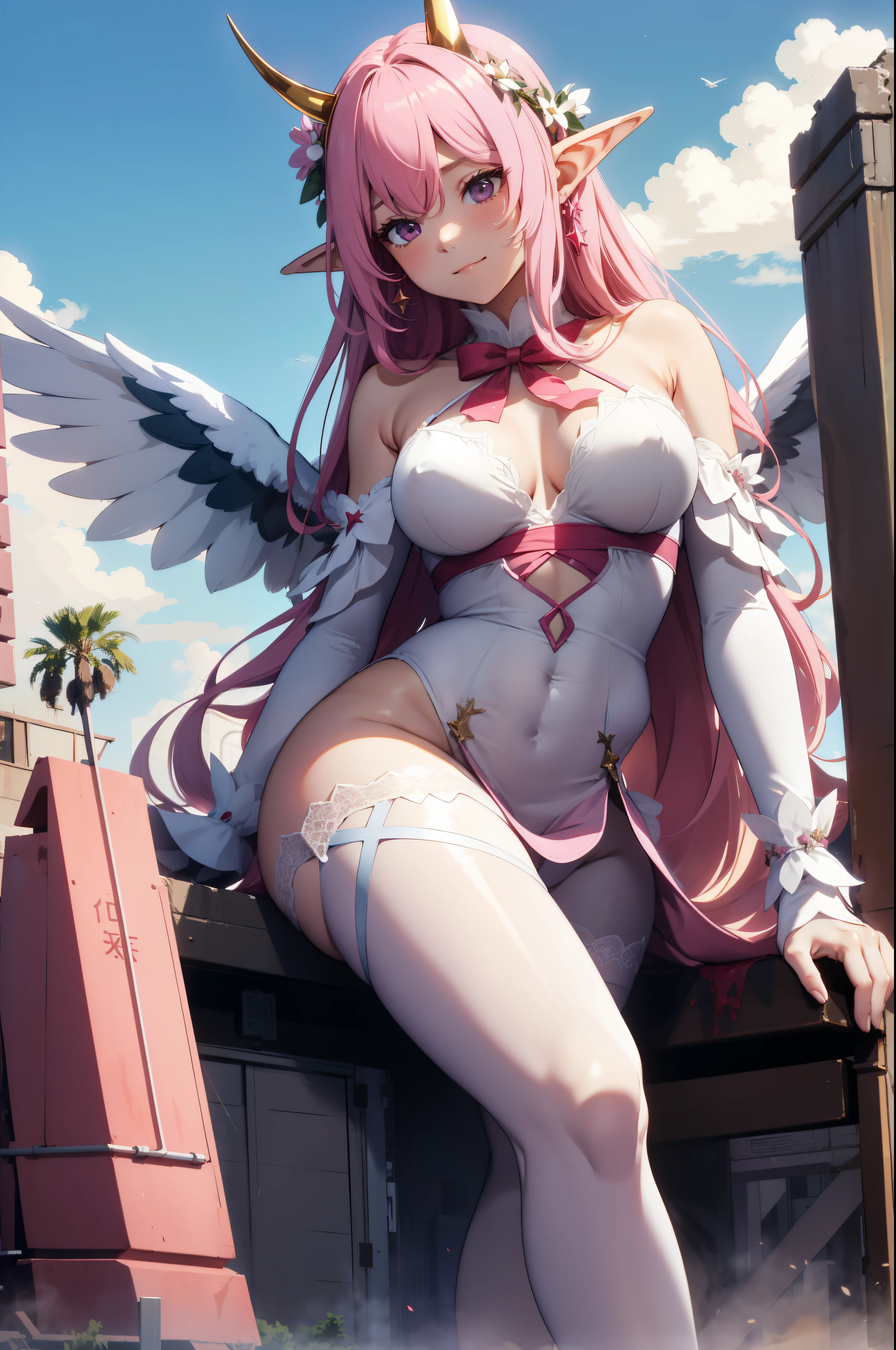 giant girl 50,000 feet high，Weight 1000kg，Has a pair of huge pink angel wings，With huge devil horns on his head，wear a crown on your head，Elf wearing pink earrings，She has long pink hair that reaches her feet，loose hair，Pink wavy long curly hair，Wearing a pair of pink boots on her feet，Pink lace gloves，Pink lace pantyhose，Bow and star embellished tights，粉色蕾丝whole body，Standing tall above the small town，Beautiful appearance，Exquisite makeup，quality，8k，高quality，Perfect proportion, Cinema lighting，film grain，Fuji colors，8k，textured skin，Super details，high detail，high resolution，fake smile，blood stains，脚底有blood stains，whole body，fat，elf princess，feather，flowers，Sitting elegantly on a tall building。